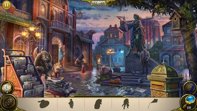 Hidden City: nächtliche Altstadtgasse mit Denkmal und Briefkasten, unten eine Leiste mit fünf schwarzen Suchschatten, oben der Zähler 02:48