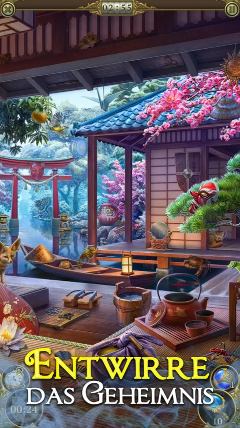 Hidden City: japanischer Teegarten mit rotem Torii, Kirschblüten, Daruma-Figur, Go-Brett mit Steinen und Teekanne auf dem Tablett