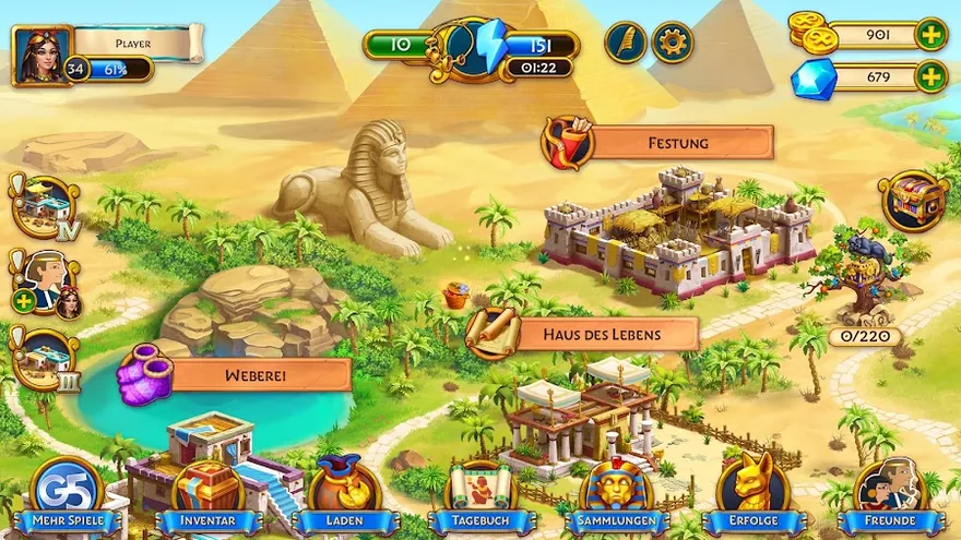 Jewels of Egypt: Siedlungskarte am Nil mit Sphinx, den Gebäuden Festung, Haus des Lebens und Weberei, oben Spielerstufe 34 und 901 Münzen