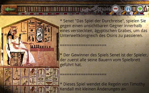 Senet: Regelseite der App neben der Grabmalerei einer sitzenden Spielerin, der Text nennt Timothy Kendall als Grundlage der verwendeten Regeln